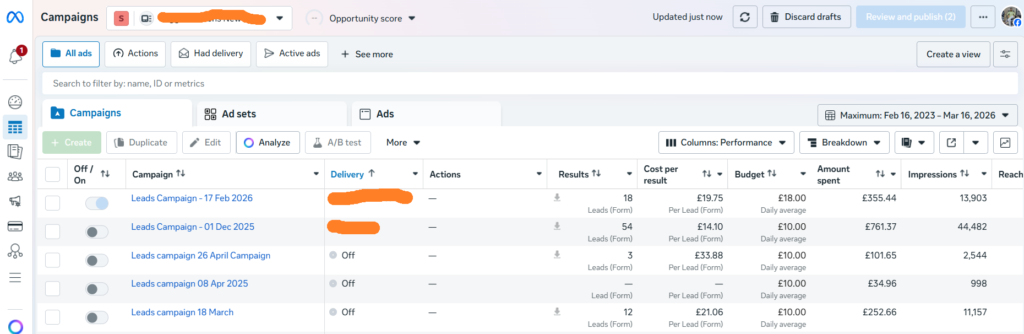 meta ads campaign dashboard screenshot