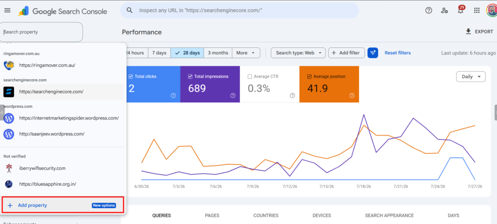 The property selector — existing website properties stay untouched; the new social property is added separately